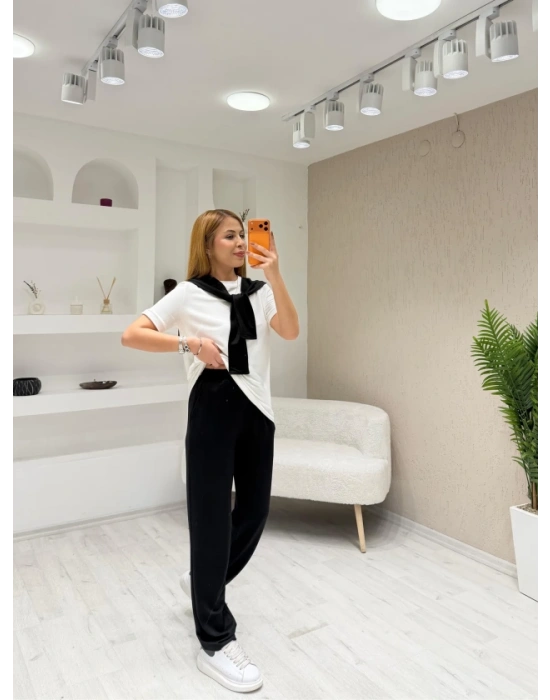 Kadın şal Dahil Bisiklet Yaka Bluz Ve Pantolon üçlü Takım