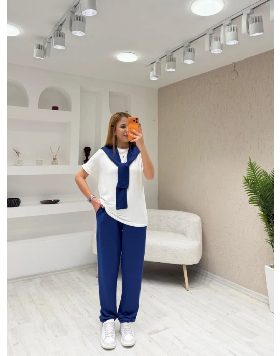 Kadın şal Dahil Bisiklet Yaka Bluz Ve Pantolon üçlü Takım
