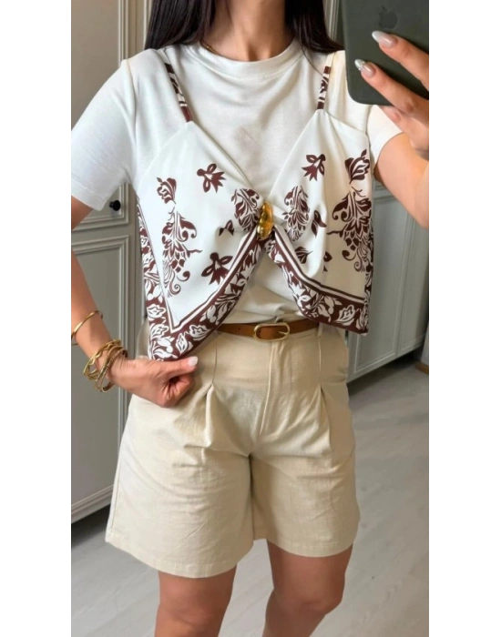 Kadın şal Desen Detay Bluz Ve Keten şort Ikili Takım