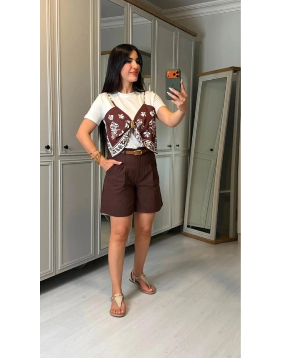 Kadın şal Desen Detay Bluz Ve Keten şort Ikili Takım