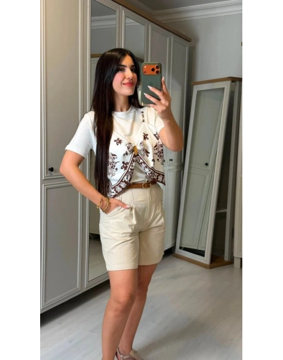 Kadın şal Desen Detay Bluz Ve Keten şort Ikili Takım