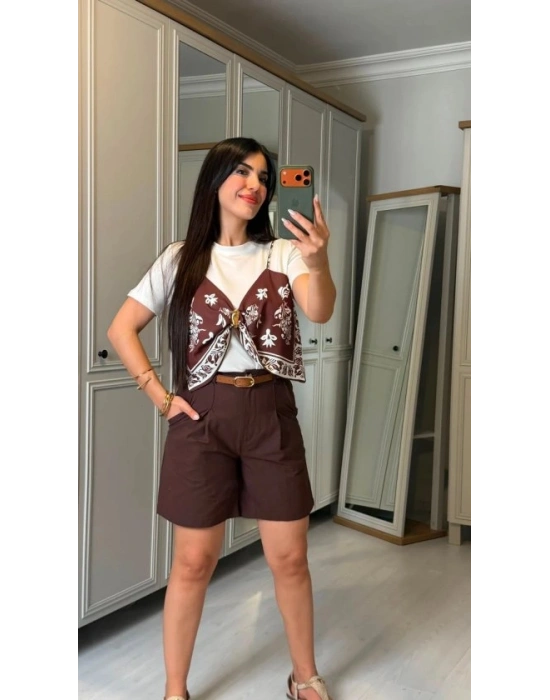 Kadın şal Desen Detay Bluz Ve Keten şort Ikili Takım