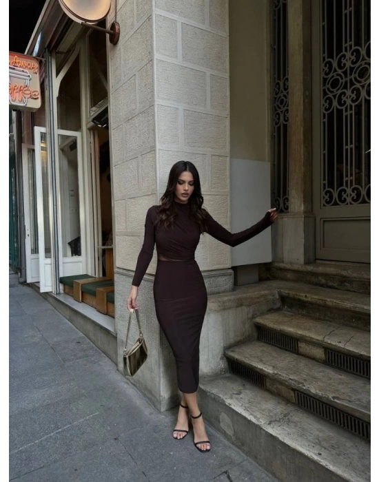 Kadın Sandy Kumaş Drabe Yaka Belinde Tül Detaylı Midi Boy Elbise