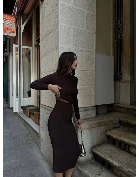 Kadın Sandy Kumaş Drabe Yaka Belinde Tül Detaylı Midi Boy Elbise