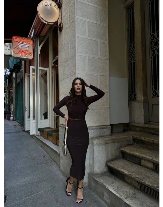 Kadın Sandy Kumaş Drabe Yaka Belinde Tül Detaylı Midi Boy Elbise