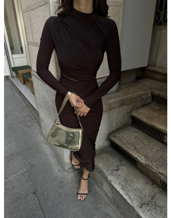 Kadın Sandy Kumaş Drabe Yaka Belinde Tül Detaylı Midi Boy Elbise