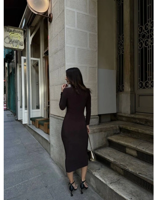 Kadın Sandy Kumaş Drabe Yaka Belinde Tül Detaylı Midi Boy Elbise