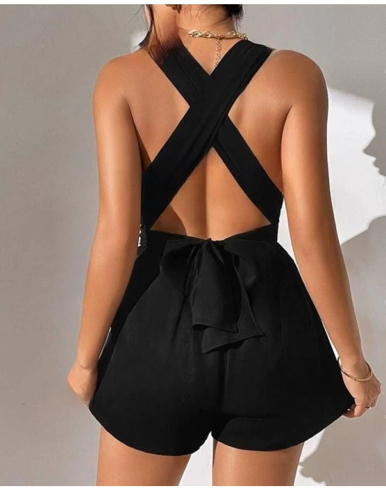 Kadın Sandy Kumaş Sırt Dekolteli Bağlamalı şort Tulum