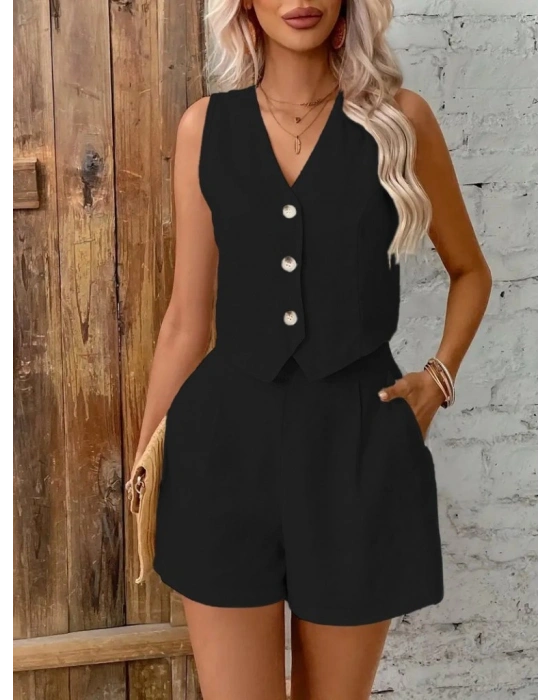 Kadın Sıfır Kol Askılı V Yakalı önden Düğmeli Ithal Keten Ceket Ve Short Ikili Takım