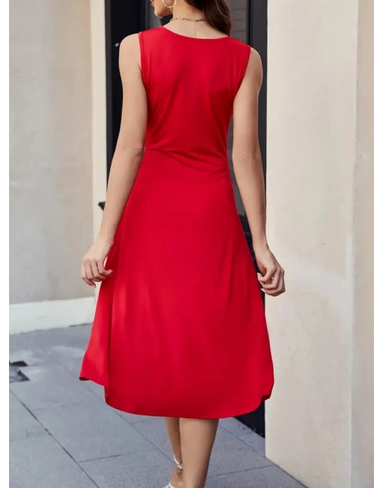 Kadın Sıfır Kol Bisiklet Yaka Bel Büzgü Detay Viskon Elbise