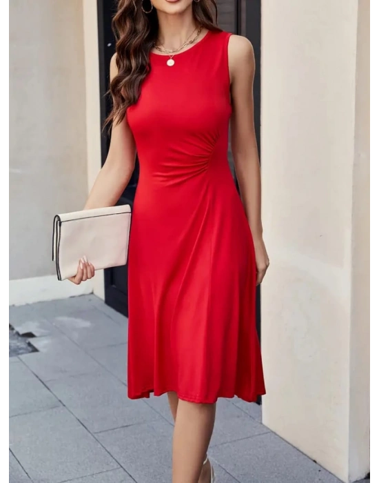 Kadın Sıfır Kol Bisiklet Yaka Bel Büzgü Detay Viskon Elbise