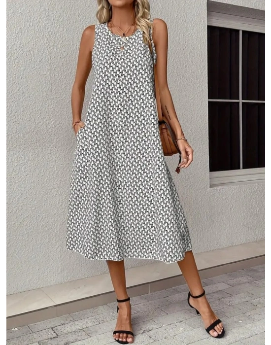 Kadın Sıfır Kol Bisiklet Yaka Desenli Midi Boy Sandy Elbise