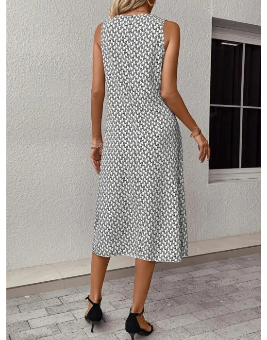 Kadın Sıfır Kol Bisiklet Yaka Desenli Midi Boy Sandy Elbise