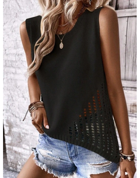 Kadın Sıfır Kol Bisiklet Yaka Yanları Ajur Detay Triko Bluz