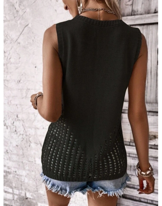 Kadın Sıfır Kol Bisiklet Yaka Yanları Ajur Detay Triko Bluz