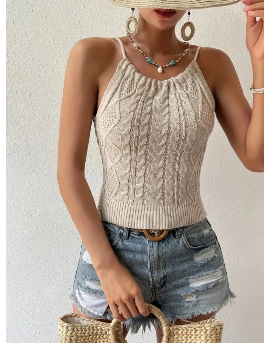 Kadın Sıfır Kol Boyun Bağlama Detay Sırt Dekolte Triko Bluz