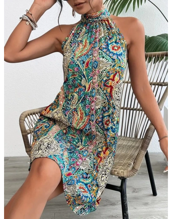 Kadın Sıfır Kol Boyundan Askılı Desenli Midi Süprem Elbise