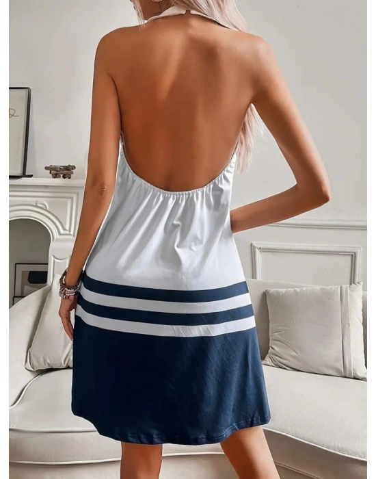 Kadın Sıfır Kol çıpa Baskılı Sırtı Açık önü Damlacık Detay Kısa Süprem Elbise