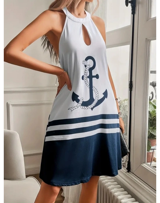 Kadın Sıfır Kol çıpa Baskılı Sırtı Açık önü Damlacık Detay Kısa Süprem Elbise