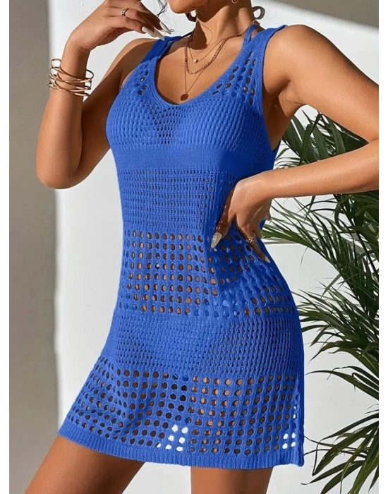 Kadın Sıfır Kol Delikli örgü Detay Mini Triko Pareo Elbise