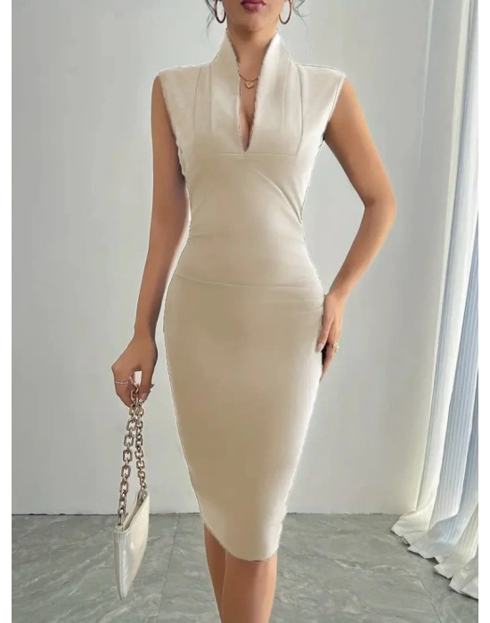 Kadın Sıfır Kol Derin V Yakalı Ithal Krep Elbise