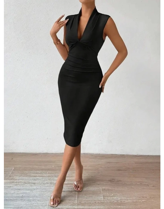 Kadın Sıfır Kol Derin V Yakalı Ithal Krep Elbise