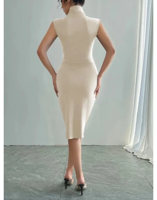 Kadın Sıfır Kol Derin V Yakalı Ithal Krep Elbise