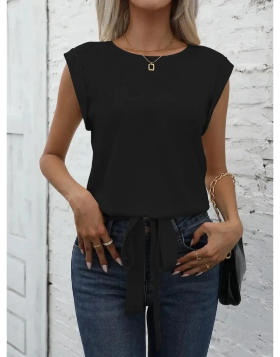 Kadın Sıfır Kol Etek Ucu Bağlama Detay Ithal Krep Bluz