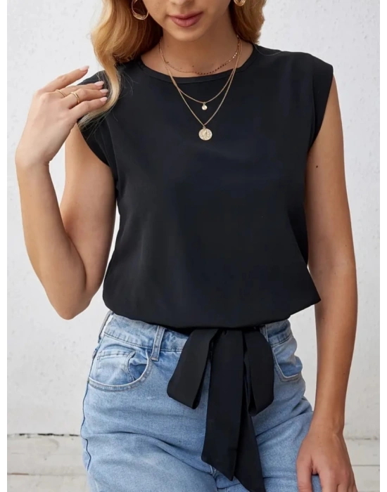 Kadın Sıfır Kol Etek Ucu Bağlama Detay Ithal Krep Bluz