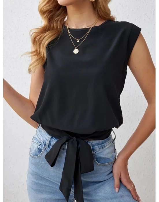 Kadın Sıfır Kol Etek Ucu Bağlama Detay Ithal Krep Bluz