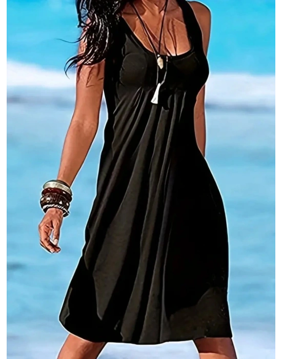 Kadın Sıfır Kol Göğüs Altı Pileli Viskon Elbise