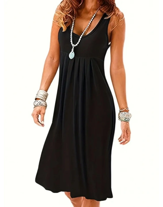 Kadın Sıfır Kol Göğüs Altı Pileli Viskon Elbise