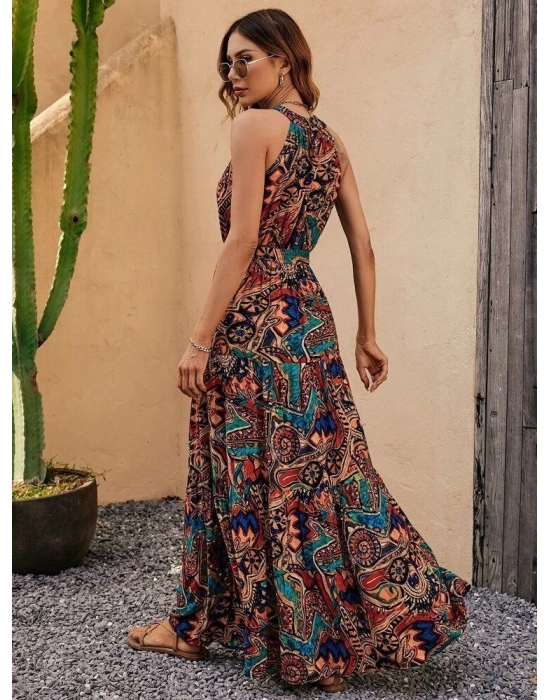 Kadın Sıfır Kol Halter Yaka Beli Lastikli Otantik Desenli Süprem Kumaş Elbise