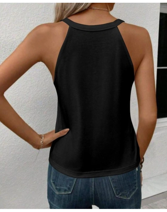 Kadın Sıfır Kol Halter Yaka Kalp Baskılı Viskon Bluz