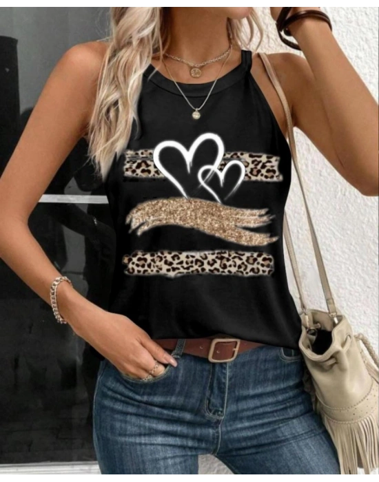 Kadın Sıfır Kol Halter Yaka Kalp Baskılı Viskon Bluz