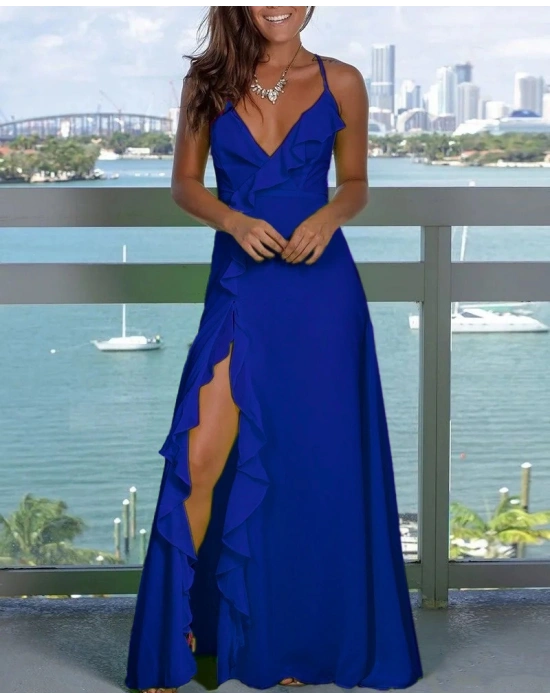 Kadın Sıfır Kol Ip Askılı Dekolteli Yırtmaç Detay Krep Elbise