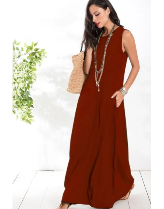 Kadın Sıfır Kol Kalın Askılı Viskon Tam Boy Elbise