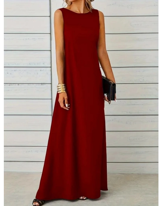 Kadın Sıfır Kol Kalın Askılı Viskon Tam Boy Elbise