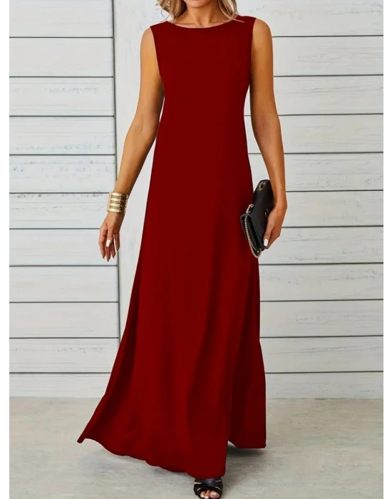 Kadın Sıfır Kol Kalın Askılı Viskon Tam Boy Elbise