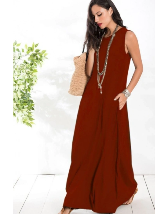 Kadın Sıfır Kol Kalın Askılı Viskon Tam Boy Elbise