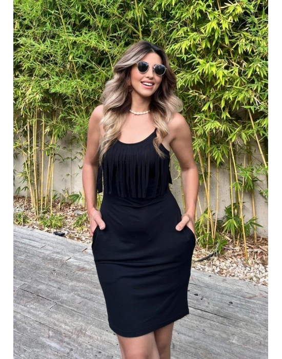 Kadın Sıfır Kol önü Püsküllü Askılı Viskon Mini Elbise