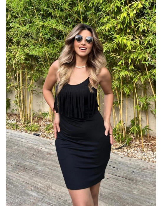 Kadın Sıfır Kol önü Püsküllü Askılı Viskon Mini Elbise