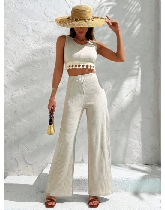 Kadın Sıfır Kol Püskül Detay Geniş Paça Kaşkorse Ikili Takım