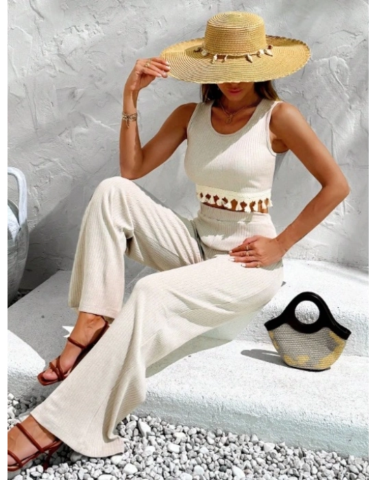 Kadın Sıfır Kol Püskül Detay Geniş Paça Kaşkorse Ikili Takım