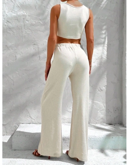 Kadın Sıfır Kol Püskül Detay Geniş Paça Kaşkorse Ikili Takım