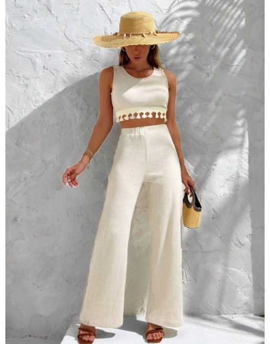 Kadın Sıfır Kol Püskül Detay Geniş Paça Kaşkorse Ikili Takım