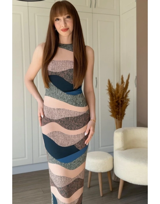 Kadın Sıfır Kol Sıfır Yaka Drape Detaylı Midi Janjan Dalgıç Elbise