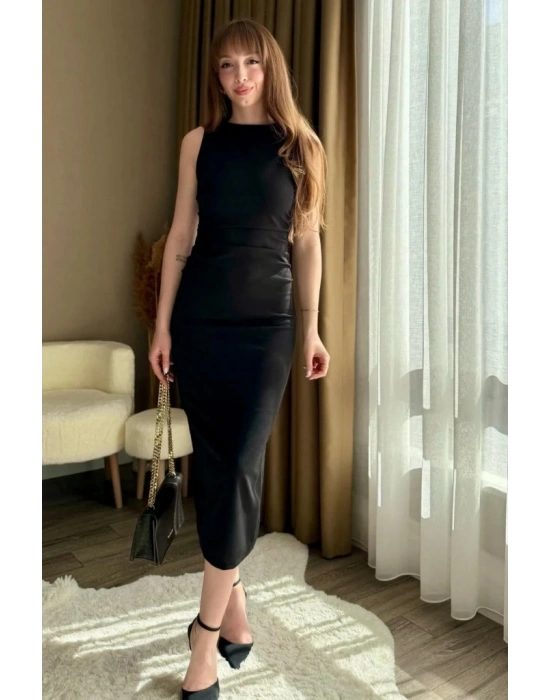 Kadın Sıfır Kol Sıfır Yaka Drape Detaylı Midi Janjan Krep Elbise