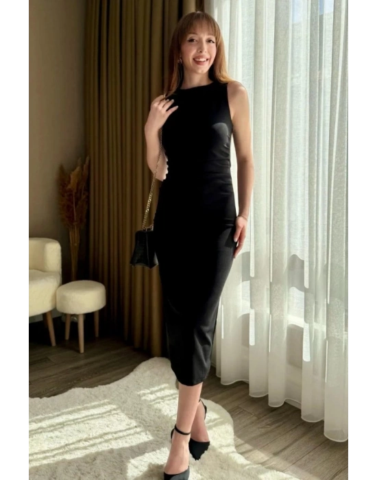 Kadın Sıfır Kol Sıfır Yaka Drape Detaylı Midi Janjan Krep Elbise