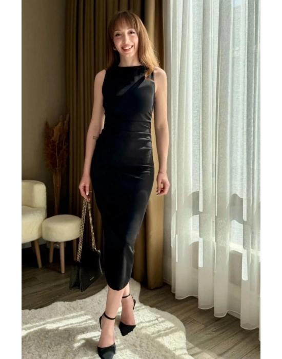 Kadın Sıfır Kol Sıfır Yaka Drape Detaylı Midi Janjan Krep Elbise